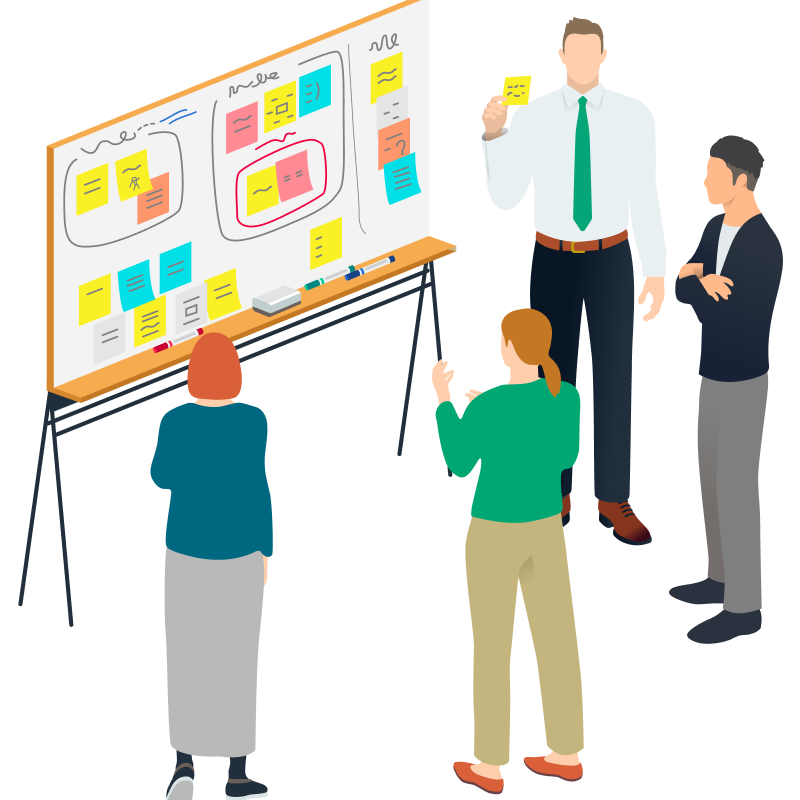 3人でホワイトボードを囲み相談しているイラスト