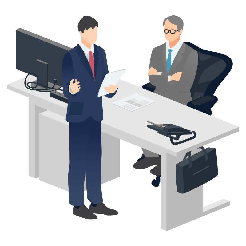 デスクで打ち合わせをしている2人のイラスト