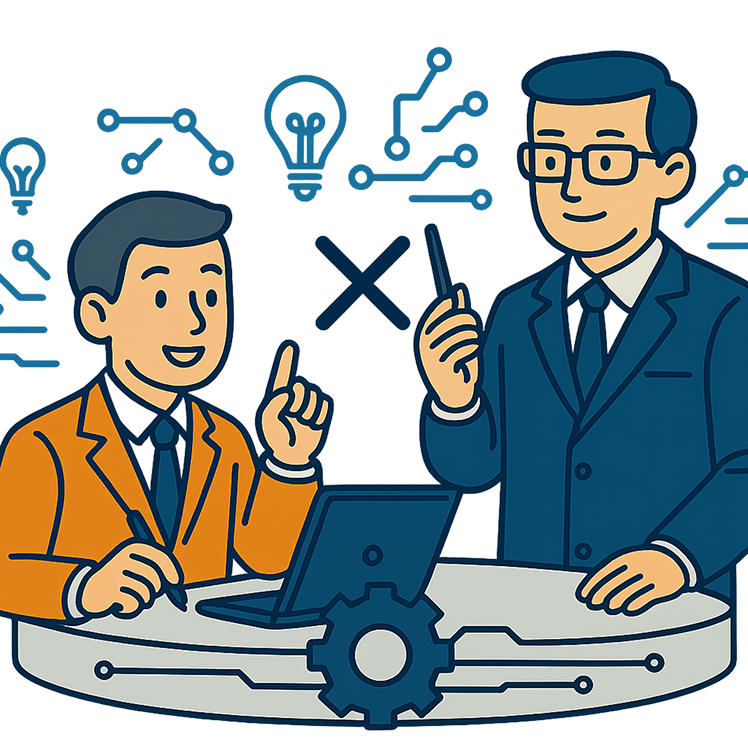 2人の男性がパソコンを囲んで打ち合わせしているイラスト