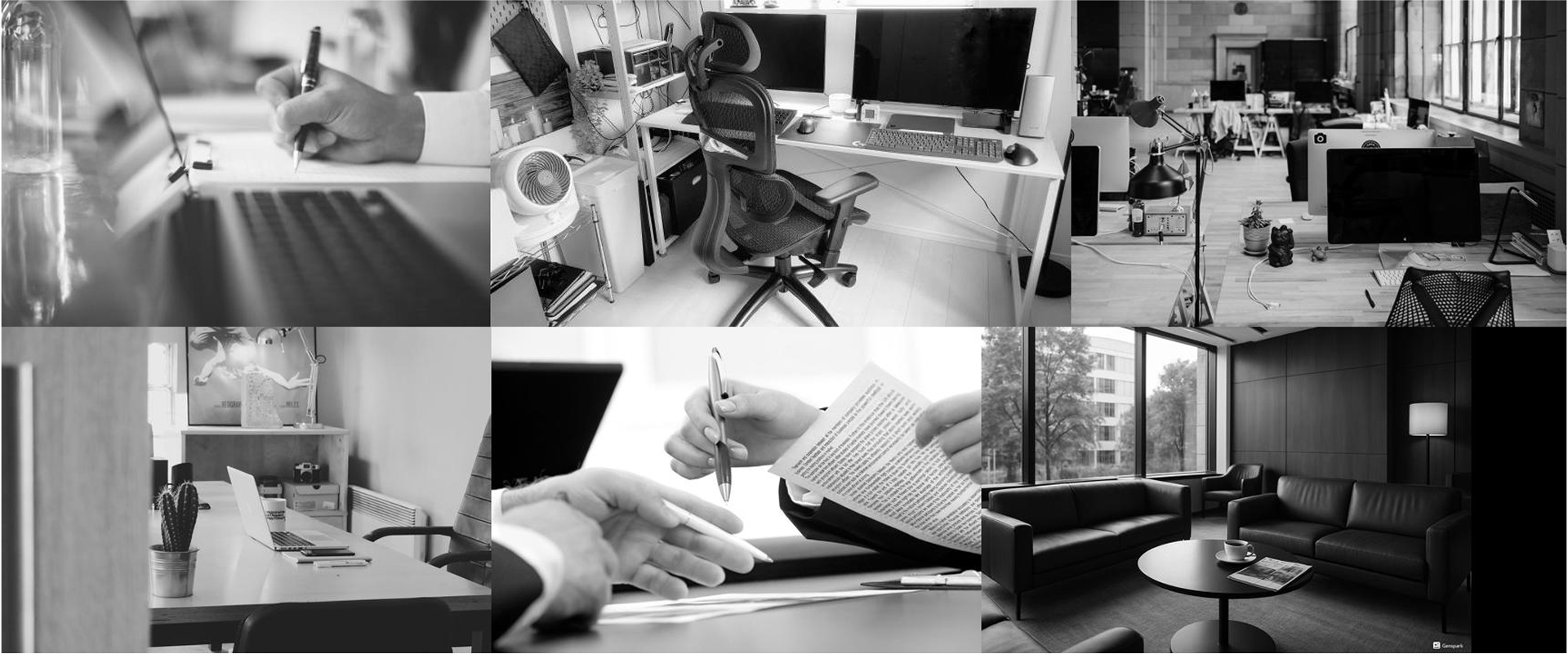	•	パソコン作業、書類確認、モダンなラウンジなど、さまざまな働く環境が白黒で表現されている